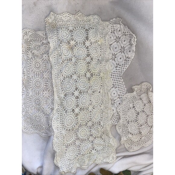 Handmade Other - 4  ANTIQUE DOILIES LACE Crochet Handmade Rectangle Floral Circle vintage